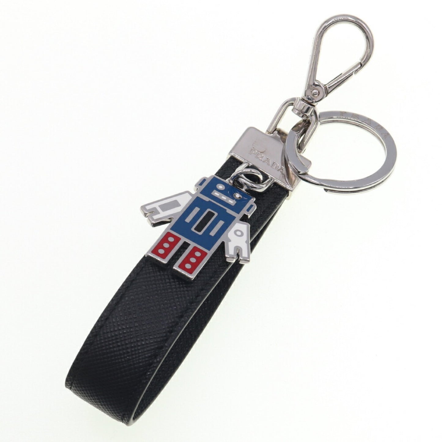 Prada Keychain 2Pp040 Black Leather Keyring Bag Charm Robot