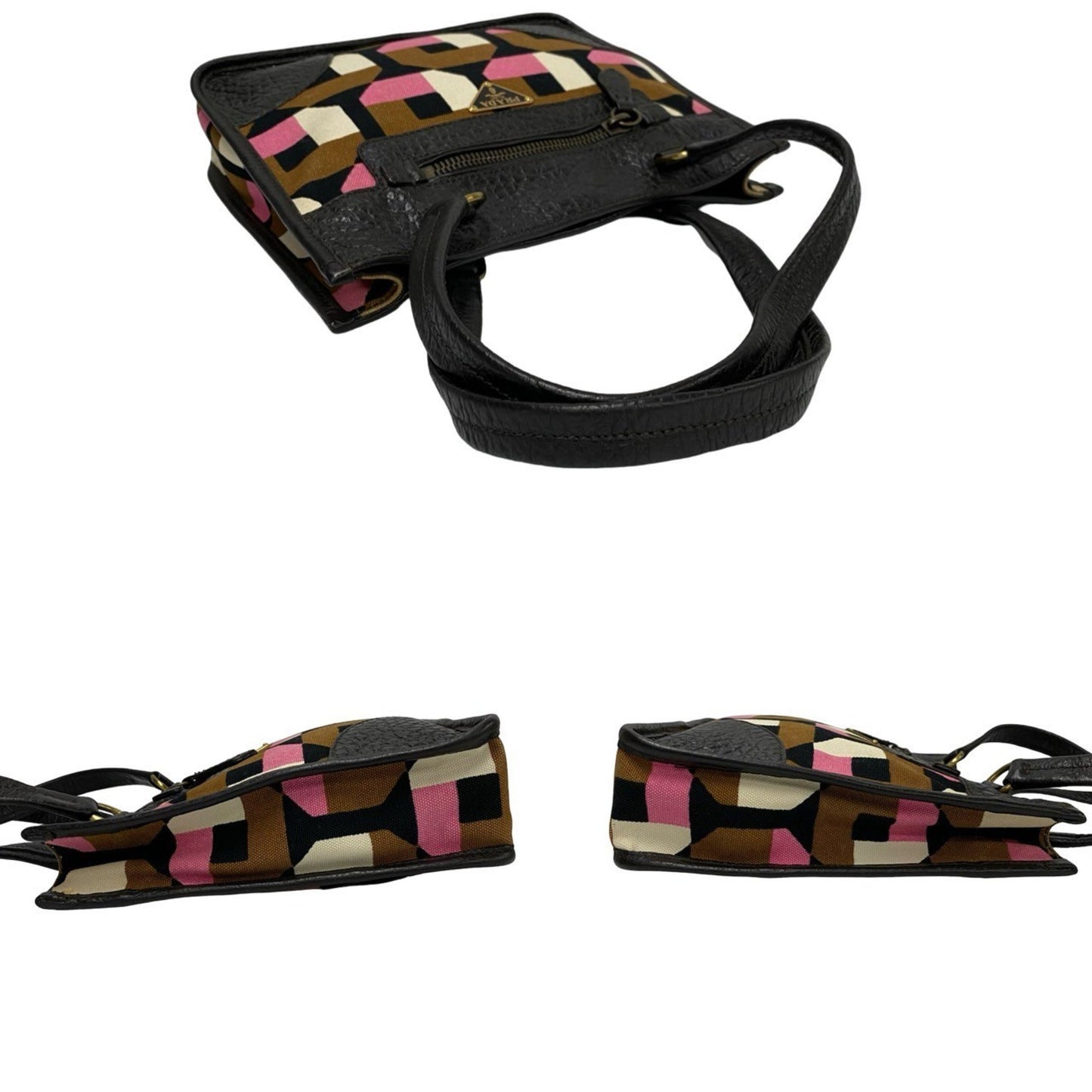 Prada Prada Triangle Logo Hardware Leather Genuine Canvas Handbag Mini Tote Bag Brown Multicolor
