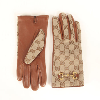 Gucci Men'S Brown Gg Monogram Lamb Leather Gloves With Gold Bits