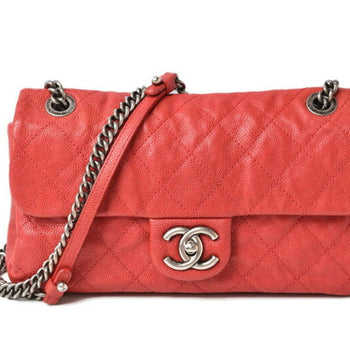 Chanel Chain Shoulder Bag Caviar Skin Matelasse Quilted Stitch Red Silver