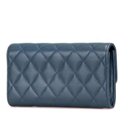 Chanel Matelasse Coco Mark Long Wallet Blue Caviar Leather