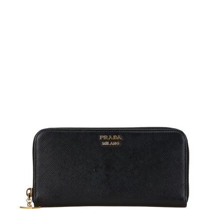 Prada Round Long Wallet 1Ml506 Black Leather