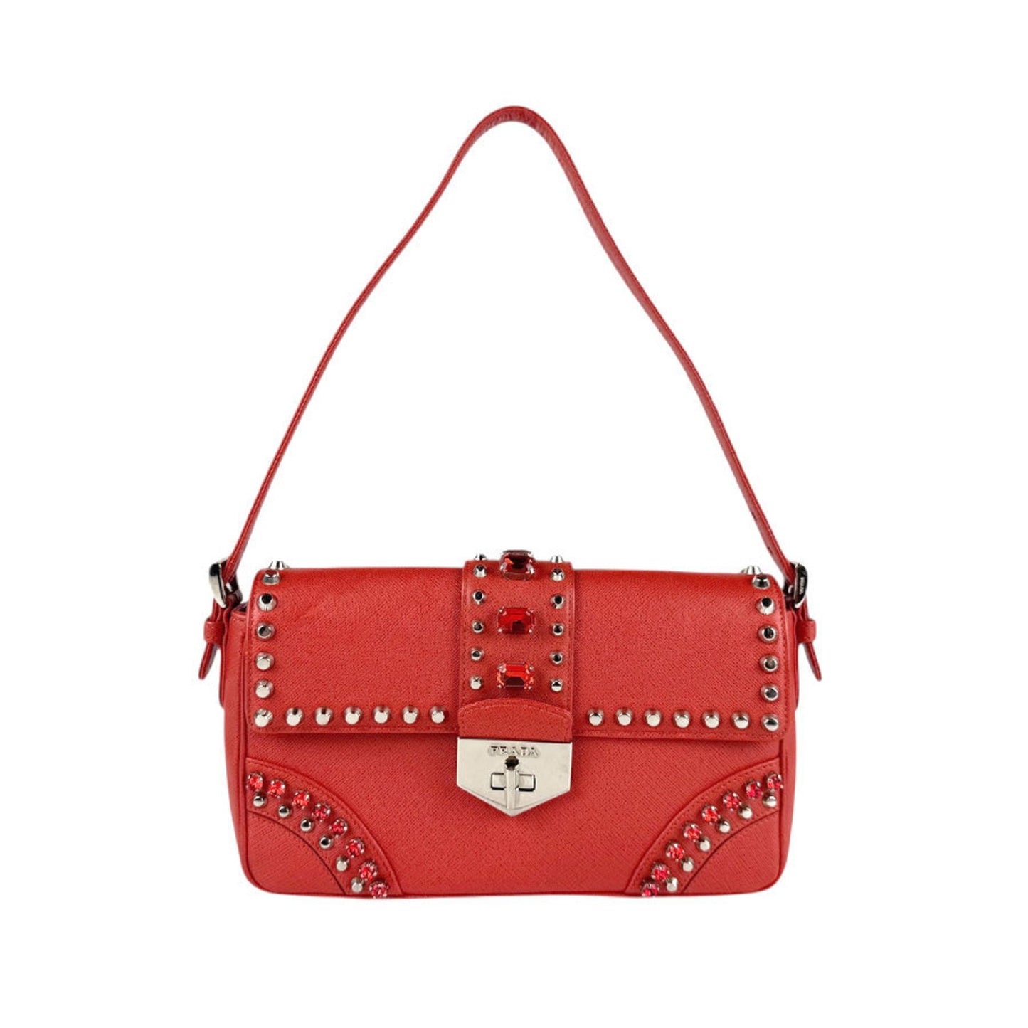 Prada Shoulder Bag Leather Metal Red Silver