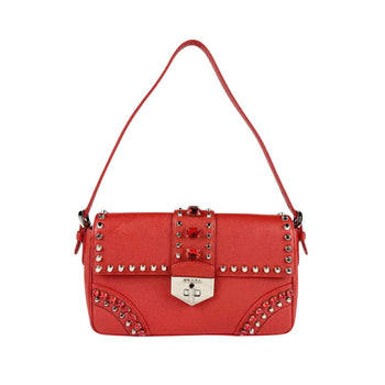 Prada Shoulder Bag Leather Metal Red Silver