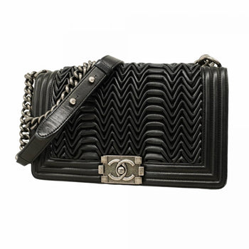 Chanel Shoulder Bag Boy Chain Leather Black