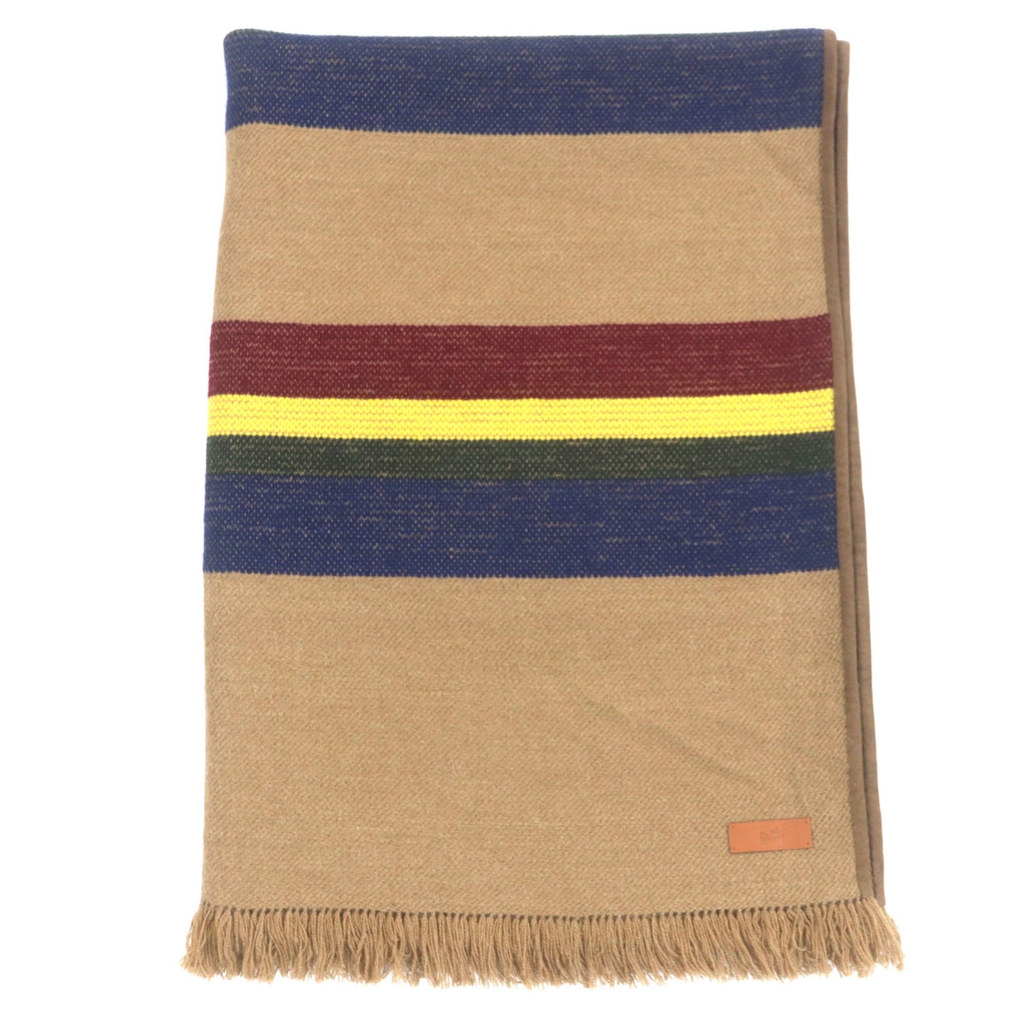Authentic Hermes Men'S Large Camel Cashmere And Goatskin-Trimmed Blanket With Fringe