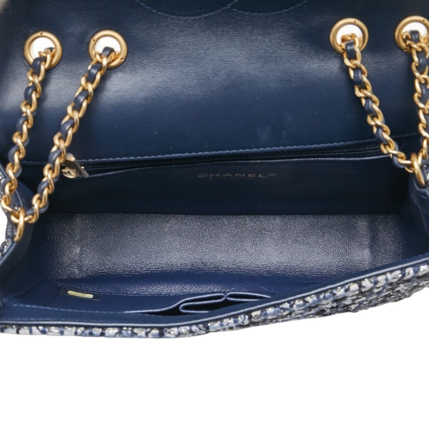 Chanel Cc Filigree Coco Mark Python Embossed Chain Shoulder Bag In Navy Tweed