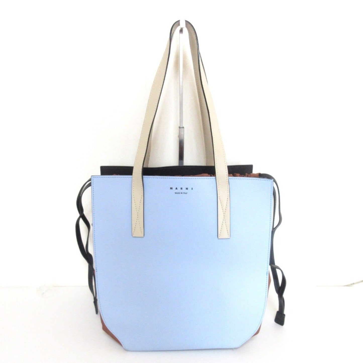 Marni Gusset Leather Drawstring Tote Bag One Shoulder Light Blue X Brown