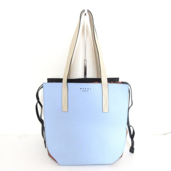 Marni Gusset Leather Drawstring Tote Bag One Shoulder Light Blue X Brown