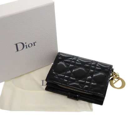 Christian Dior Dior Cannage Logo Charm Patent Leather/Enamel Black Bifold Wallet With Gold Hardware