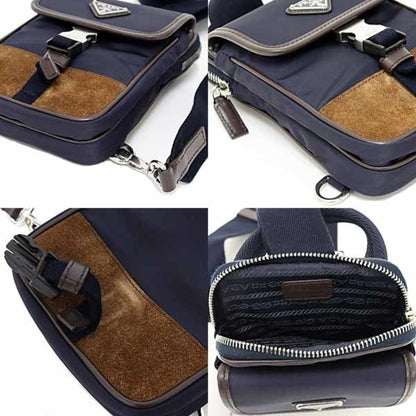 Prada Re-Nylon X Leather Smartphone Case/Shoulder Bag 2Zh194 F0C1B Blu+Caffe Navy/Dark Brown