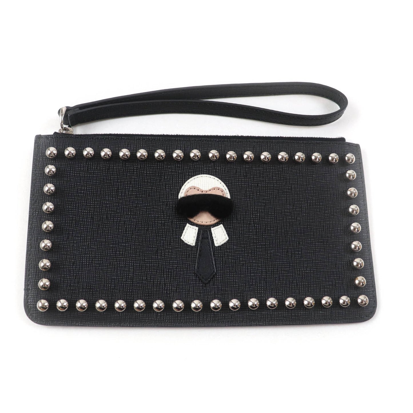 Fendi 8M0341 Karlito Karl Lagerfeld Motif Studded Leather Pouch In Black