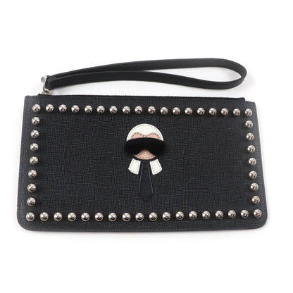 Fendi 8M0341 Karlito Karl Lagerfeld Motif Studded Leather Pouch In Black