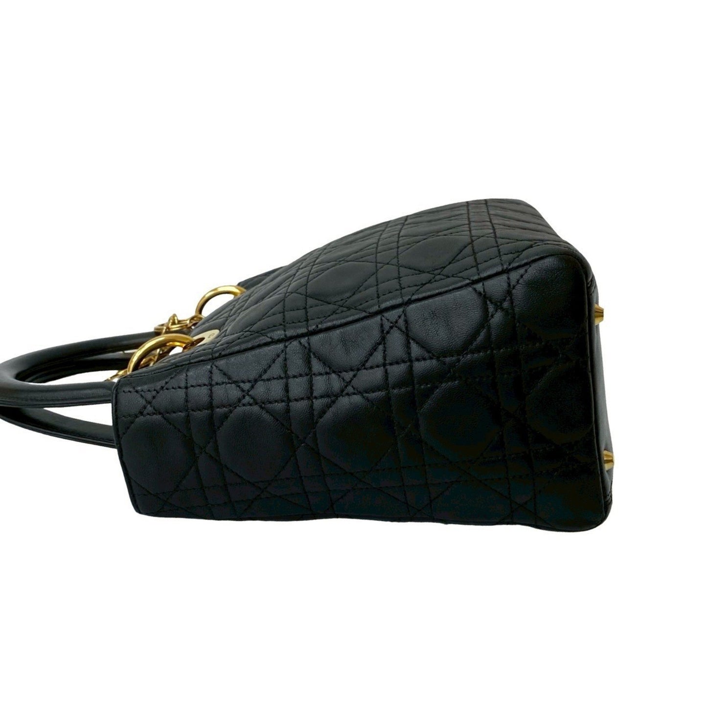 Christian Dior Lady Cannage Stitched Leather Handbag/Mini Tote Bag In Black