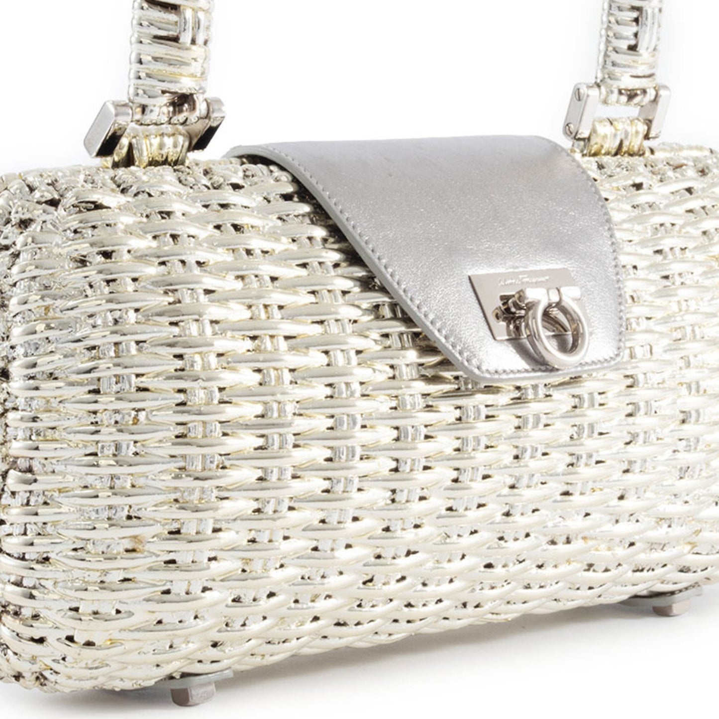 Salvatore Ferragamo Gancini Handbag In Silver Rattan