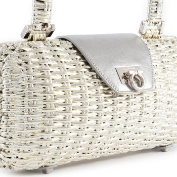 Salvatore Ferragamo Gancini Handbag In Silver Rattan
