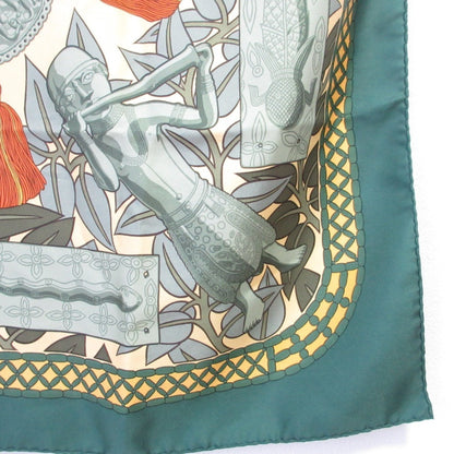 Hermes Carr 90 "Treasure Of The Royal Family Benin" Large Silk Scarf/Muffler Green