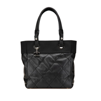 Chanel Paris Biarritz Tote Pm Bag Shoulder Black Leather Coated Canvas