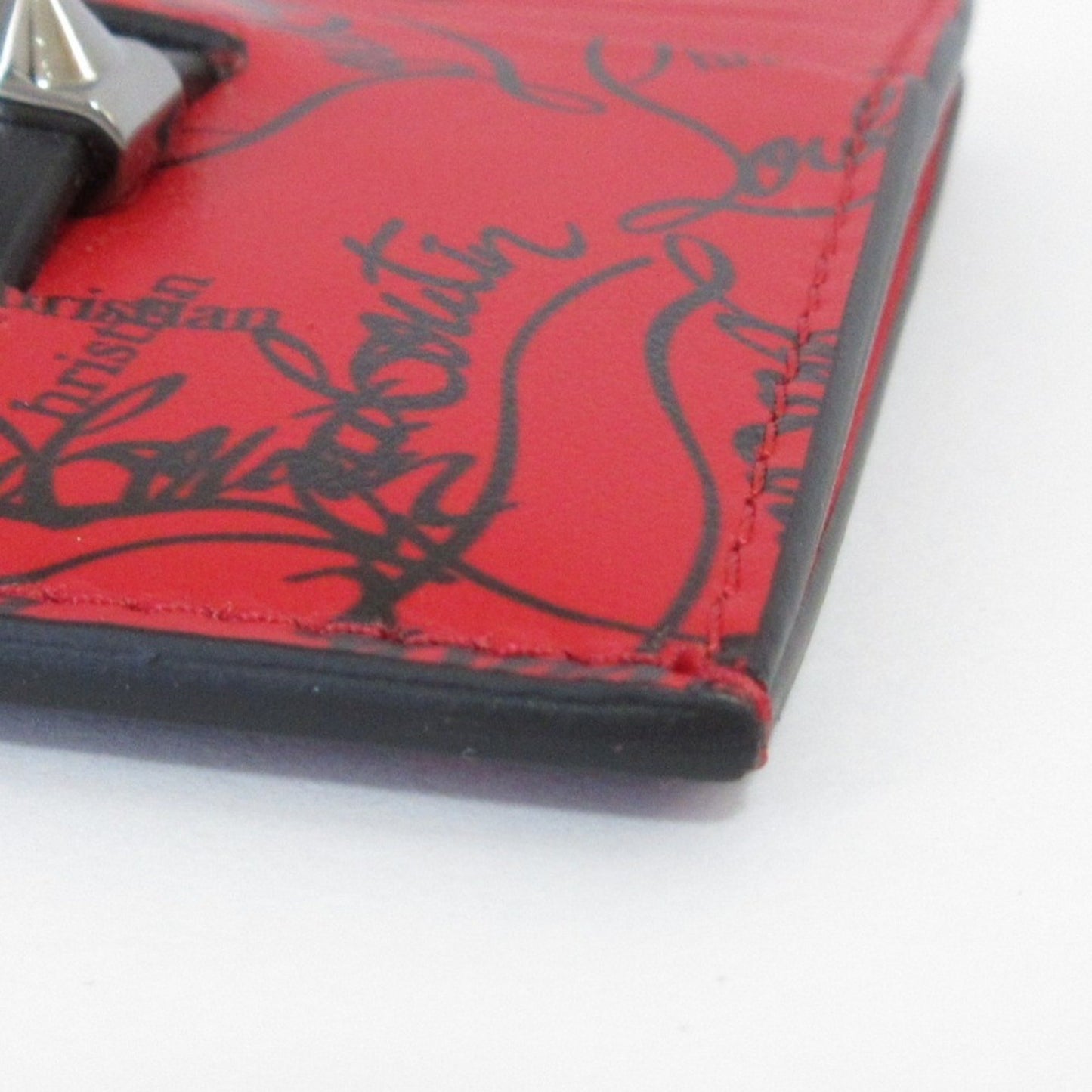 Christian Louboutin Logo Design Studded Business Card Holder/Card Case Red X Black Silver Hardware