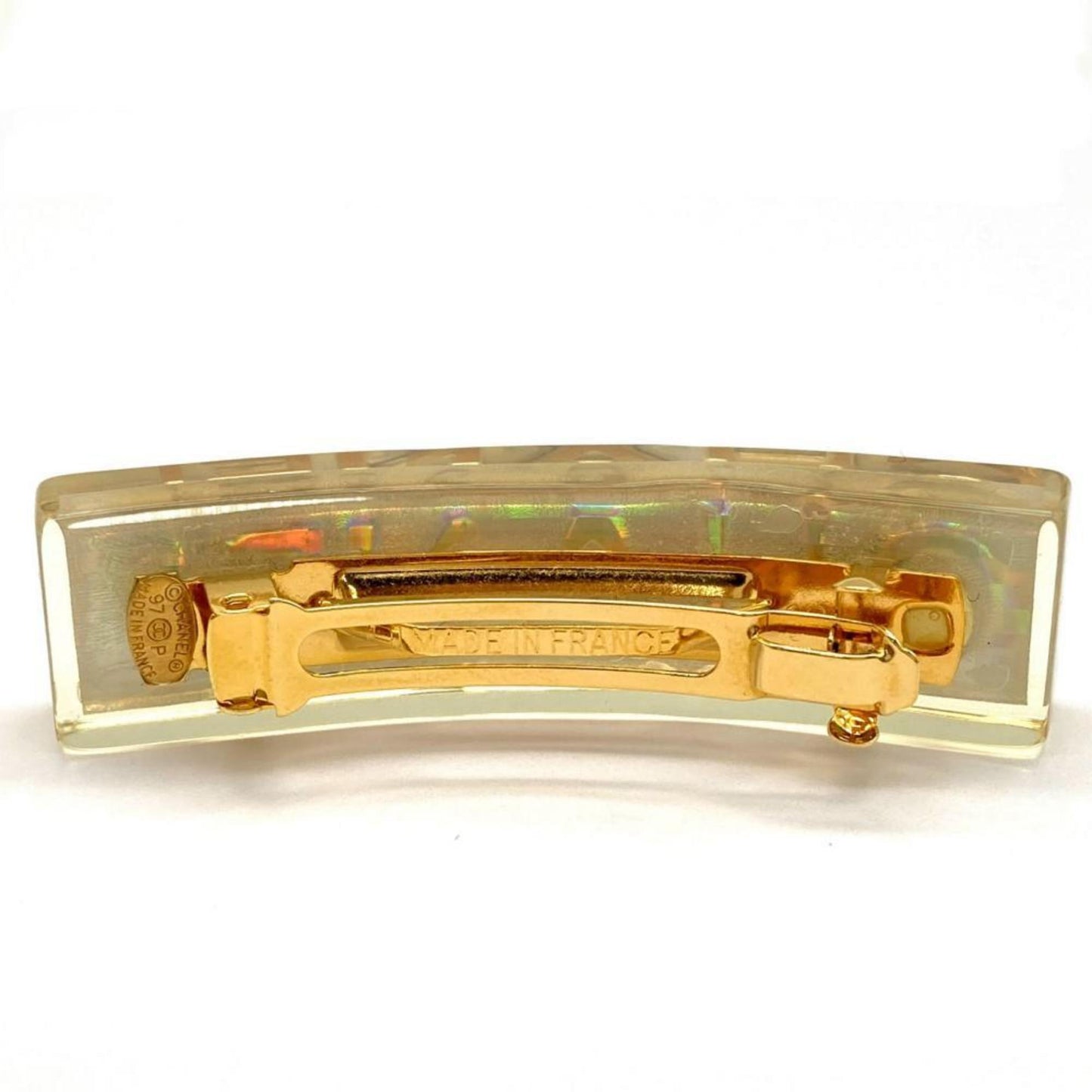 Chanel Barrette Hair Clip Plastic 97P Engraved Clear Hologram Prism