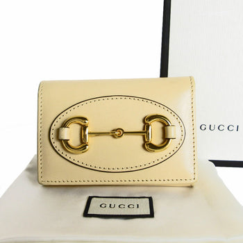 Gucci Tri-Fold Wallet Compact Horsebit Leather Beige Gold