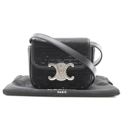 Celine Mini Triomphe Shoulder Bag Clutch Leather X Sequins Black 2Way Snap Button