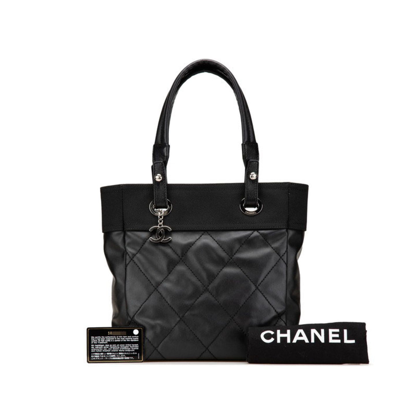 Chanel Paris Biarritz Tote Pm Bag Shoulder Black Leather Coated Canvas