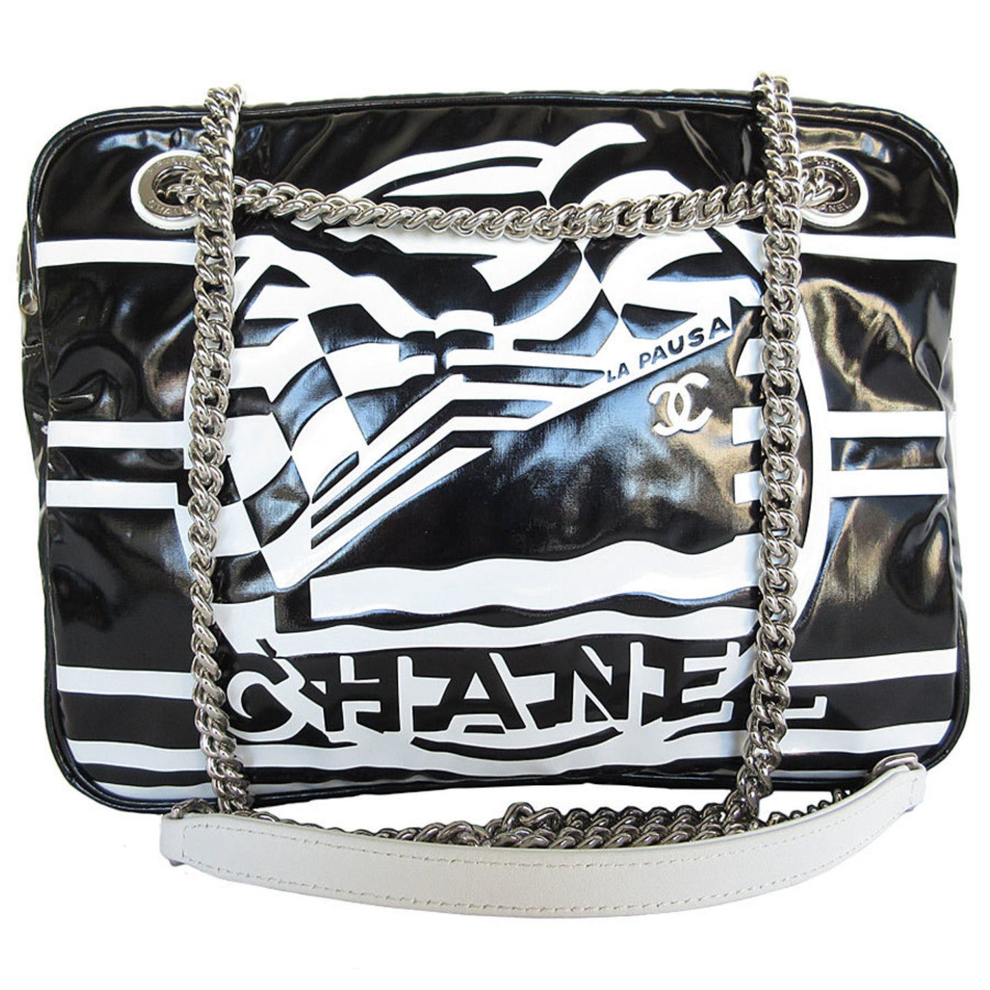Chanel Shoulder Bag Enamel Black White Silver