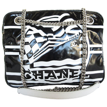 Chanel Shoulder Bag Enamel Black White Silver