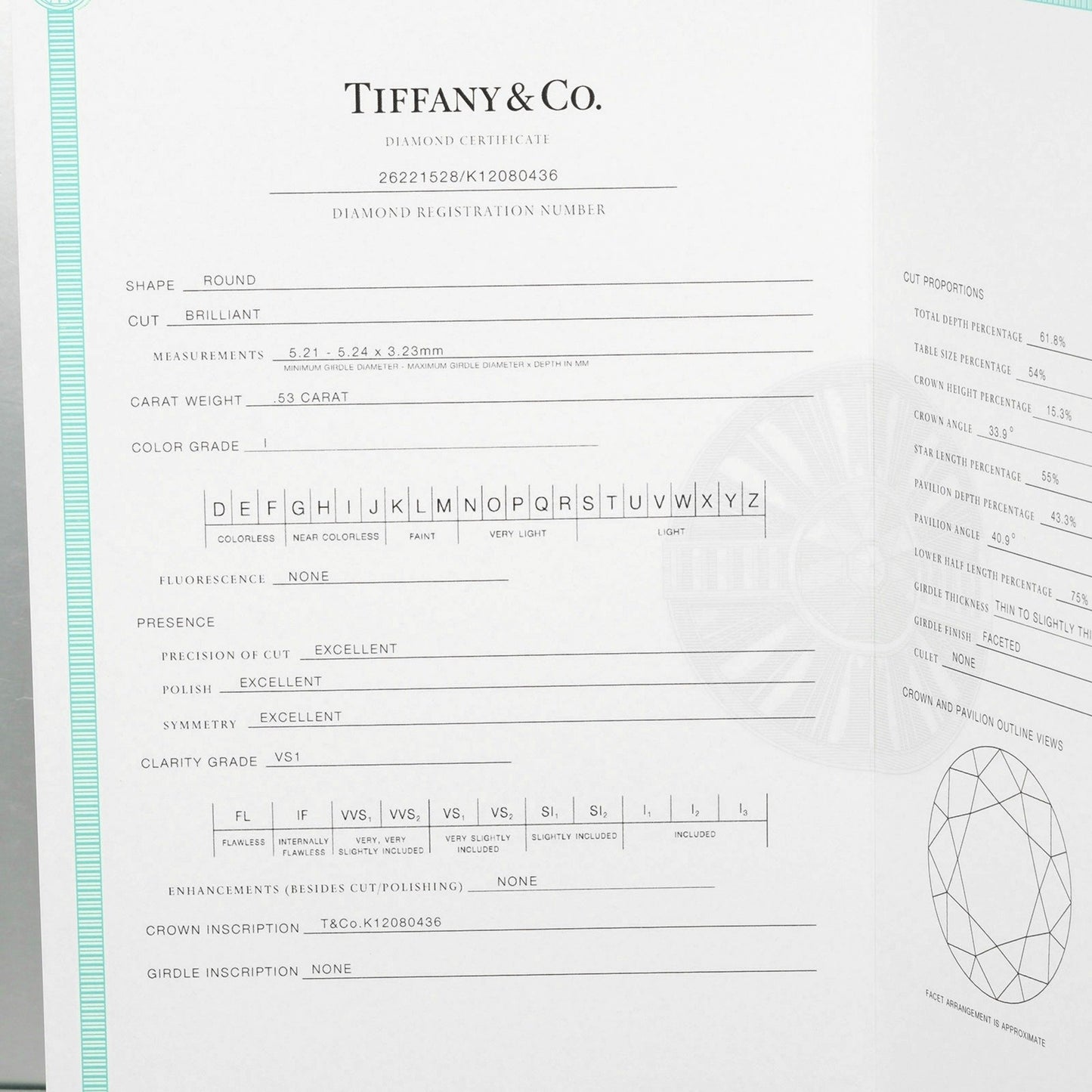 Tiffany & Co. Solitaire Size 7.5 Ring 0.53Ct Vs1/I/3Ex Pt950 Platinum Diamond