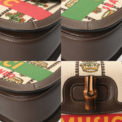 Gucci Bamboo 2-Way Sony 100Th Anniversary Model Beige/Green Women'S Canvas And Leather Handbag