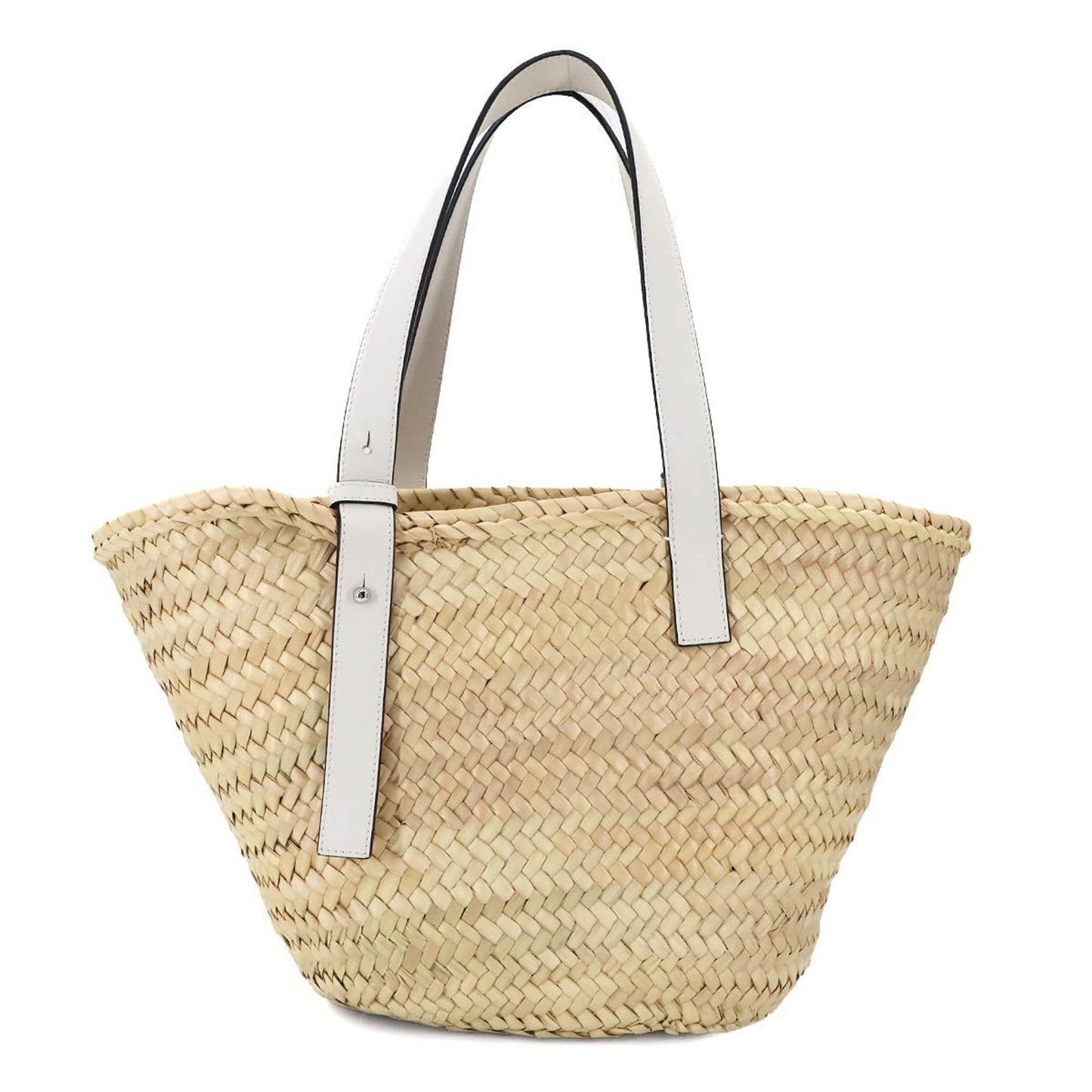 Loewe Basket Bag Tote Raffia Leather Natural Tan White Silver Hardware