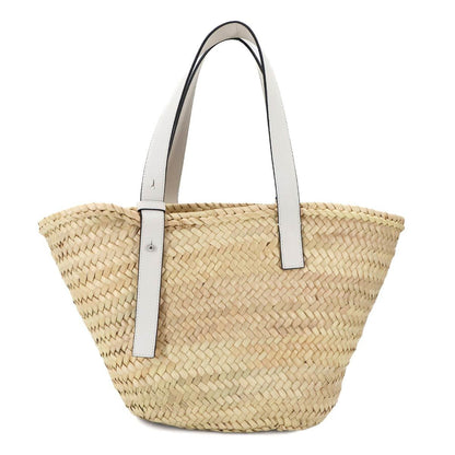 Loewe Basket Bag Tote Raffia Leather Natural Tan White Silver Hardware