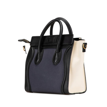 Celine Luggage Nano Shopper Tricolor Handbag Shoulder Bag 2Way Navy Black White Leather