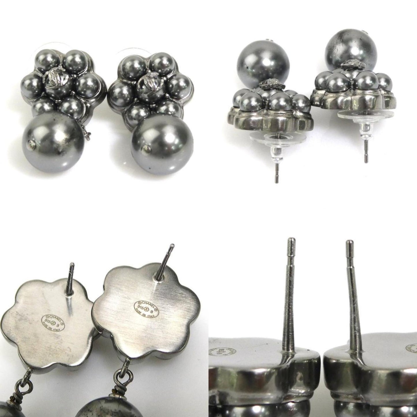 Chanel Coco Mark Metal Faux Pearl Grey Silver Earrings