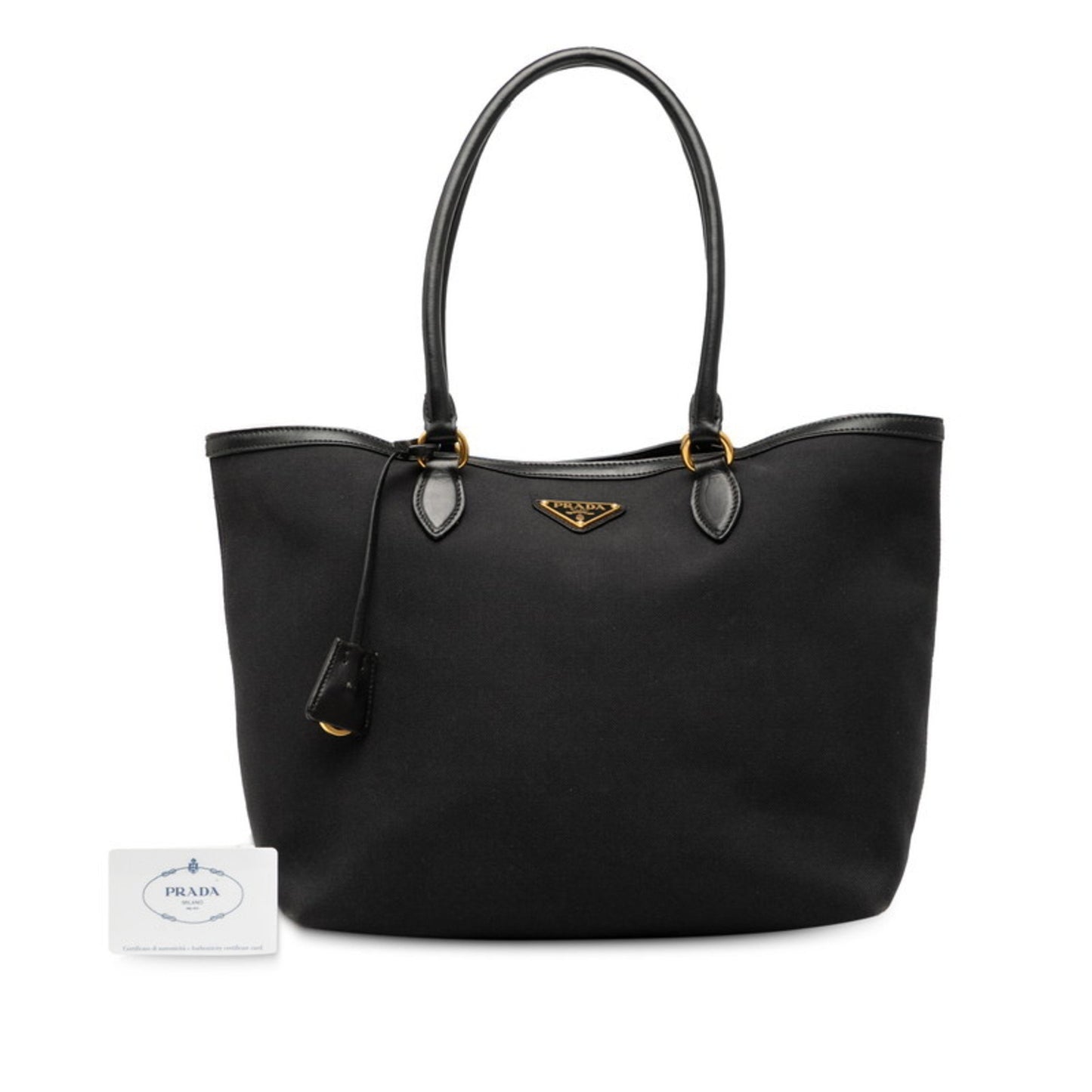 Prada Triangle Logo Plate Tote Bag Shoulder 1Bg158 Black Canvas Leather