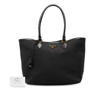 Prada Triangle Logo Plate Tote Bag Shoulder 1Bg158 Black Canvas Leather