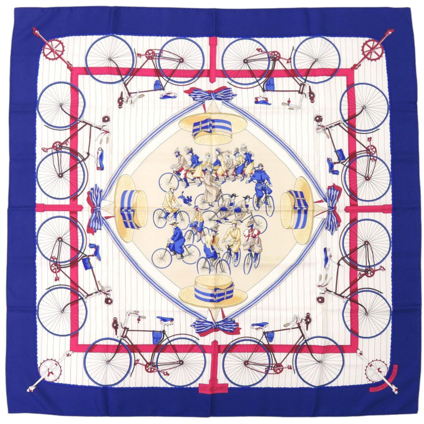 Hermes Herms Carr 90 Les Becanes Bicycle Silk Blue Scarf Muffler 0141