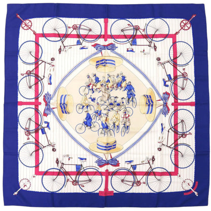 Hermes Herms Carr 90 Les Becanes Bicycle Silk Blue Scarf Muffler 0141