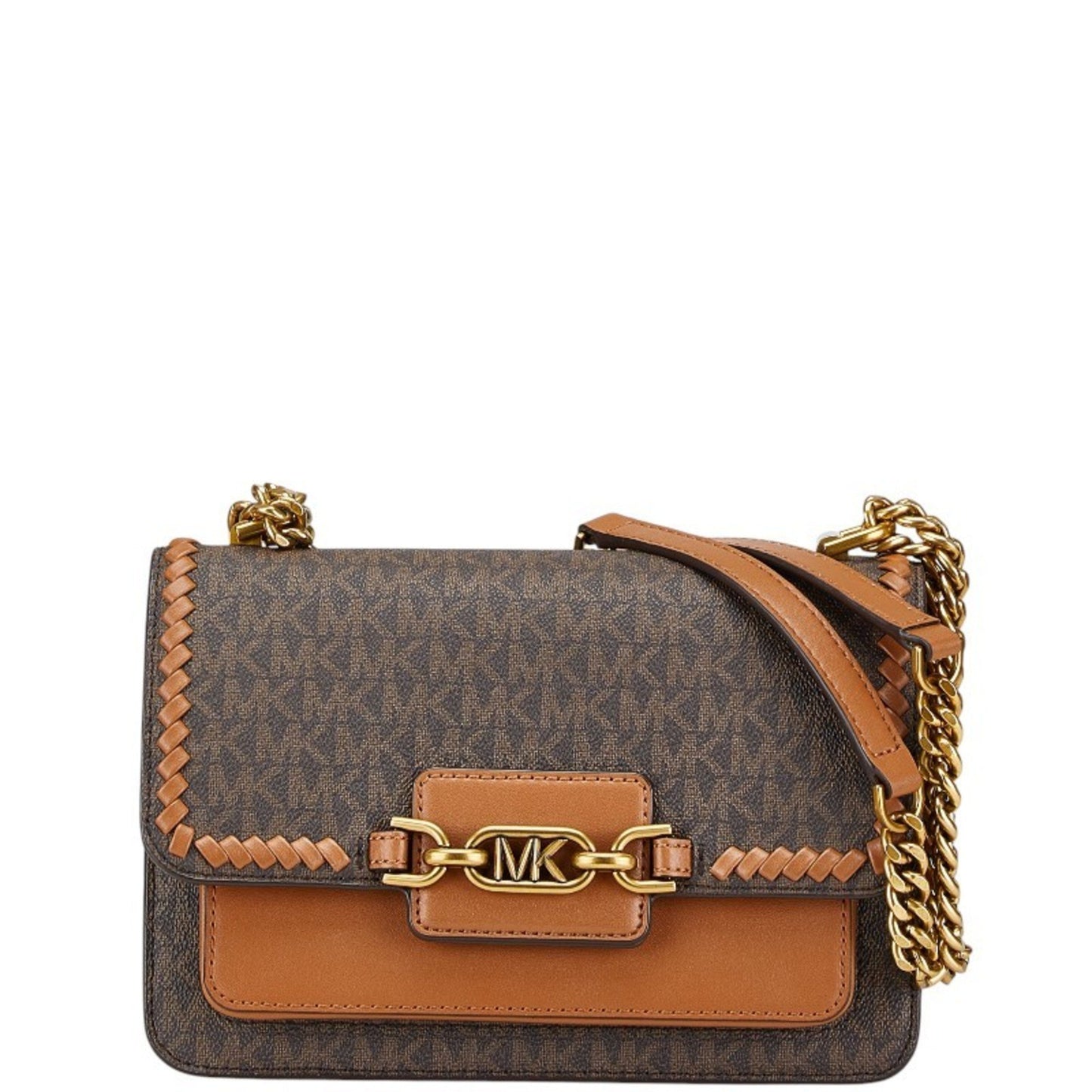 Michael Kors Mk Monogram Chain Shoulder Bag In Brown Leather