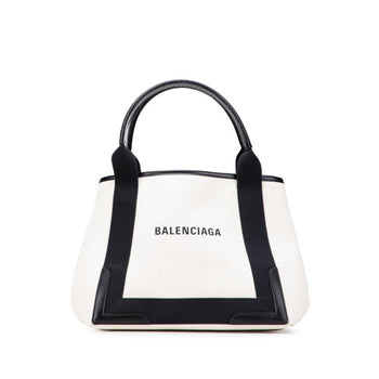 Balenciaga Navy Cabas Handbag Tote Bag 339933 Beige Black Canvas Leather