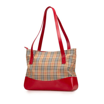 Burberry Nova Check Shadow Horse Handbag Tote Bag Beige Red Canvas Leather