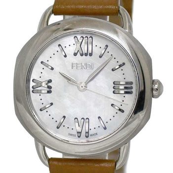 Fendi Watch F-22251 White Shell Brown Silver Selleria 80200M Ss Leather Quartz Fendi Battery