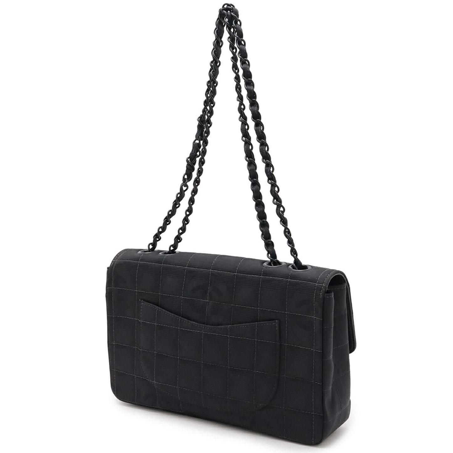 Chanel New Travel Line Chain Shoulder Bag Nylon Jacquard Leather Black A15285