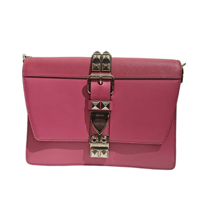 Prada Elektra 1Bd120 Electra Bag Studded Shoulder Crossbody Calf Leather Saffiano Pink Black
