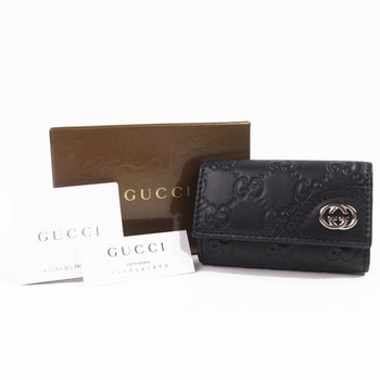 Gucci 181680 Guccissima Interlocking G 6-Ring Leather Key Case In Black With Silver Hardware And Box