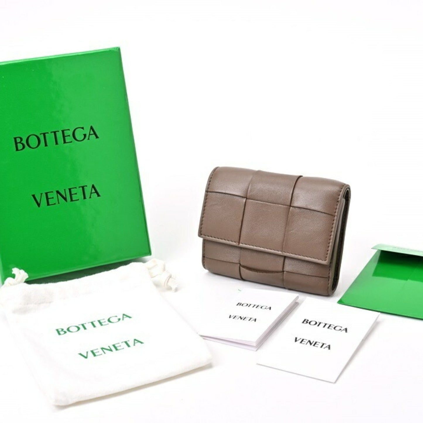 Bottega Veneta Cassette Tri-Fold Wallet 750245 Intrecciato Leather Taupe Gray E-156538