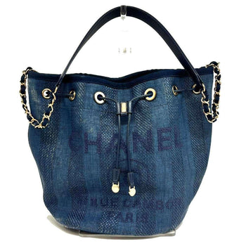 Chanel Deauville Shoulder Bag A57536 Raffia X Leather Drawstring Indigo Blue