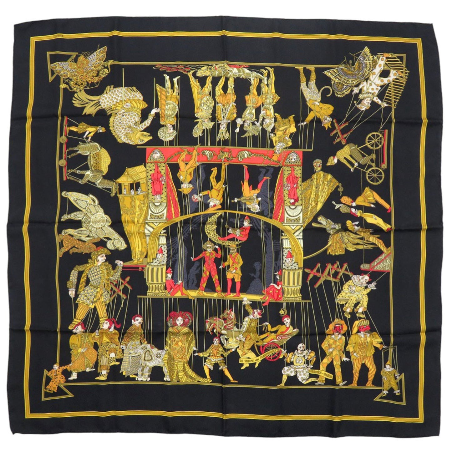 Hermes Herms Carr 90 "Le Temps Des Marionnettes" Silk Scarf Muffler In Black