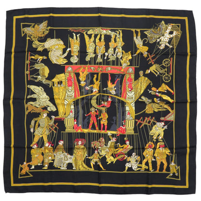 Hermes Herms Carr 90 "Le Temps Des Marionnettes" Silk Scarf Muffler In Black